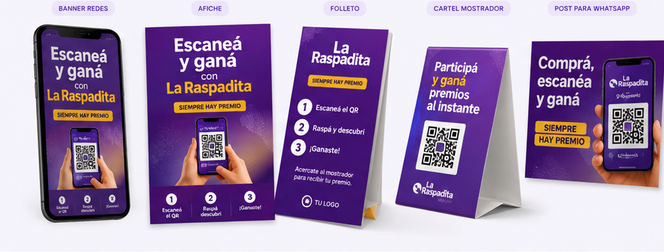 Ejemplos de banners, afiches, folletos, carteles para mostrador y piezas con QR para campañas de La Raspadita